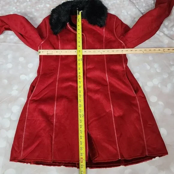 Anne Klein Red Faux Fur Lined Coat with Faux Fur Collar, Women's Small NWT - Picture 8 of 10